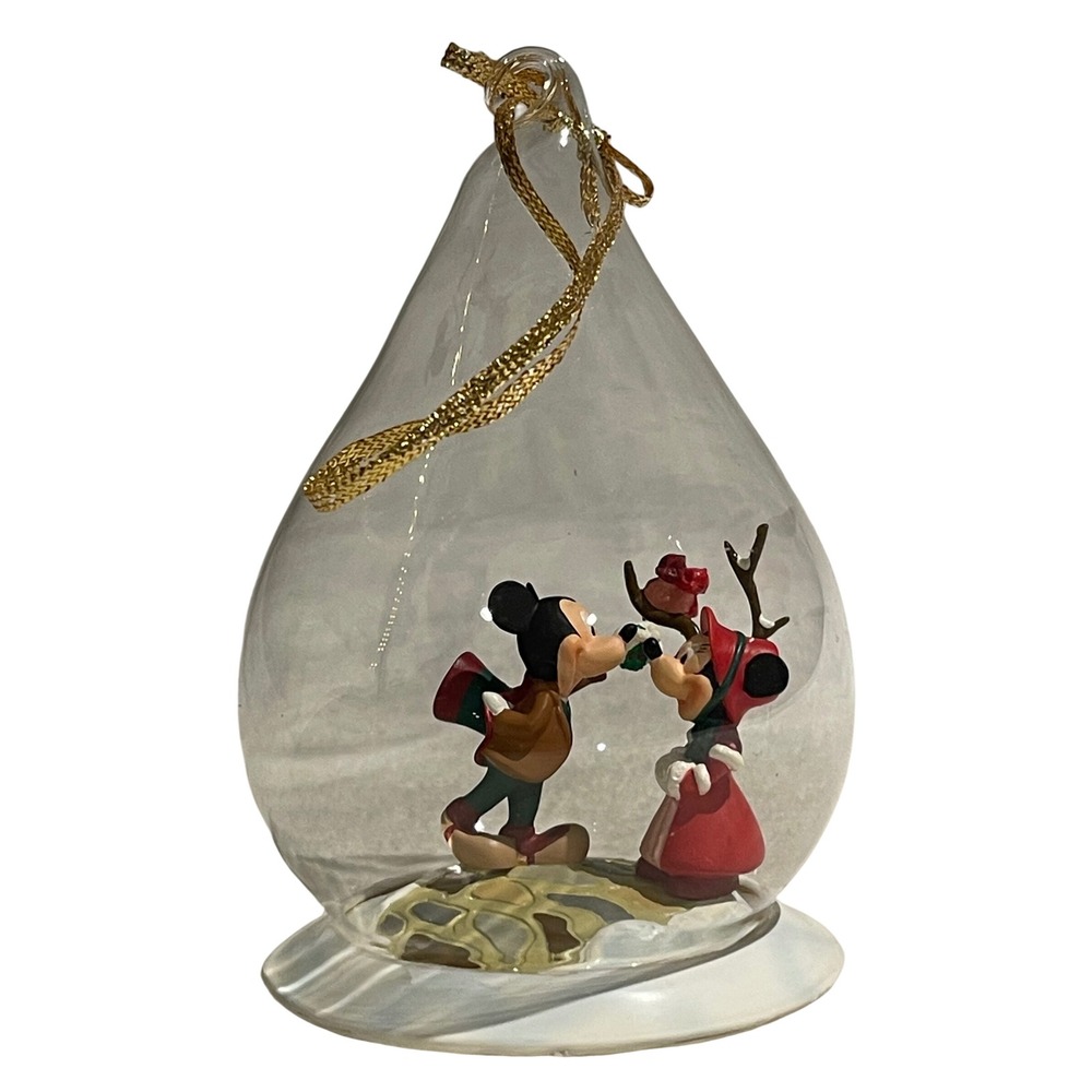 Disney Mickey and Minnie Mouse Glass Teardrop Cloche Christmas Ornament Holiday